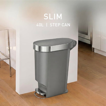 Slim Step Can, 40L / 10.6 Gallon Kitchen Trash Can, Stainless Steel Liner Rim, 150,000-Step Pedal, Lid Shox® Silent Close, Grey Plastic