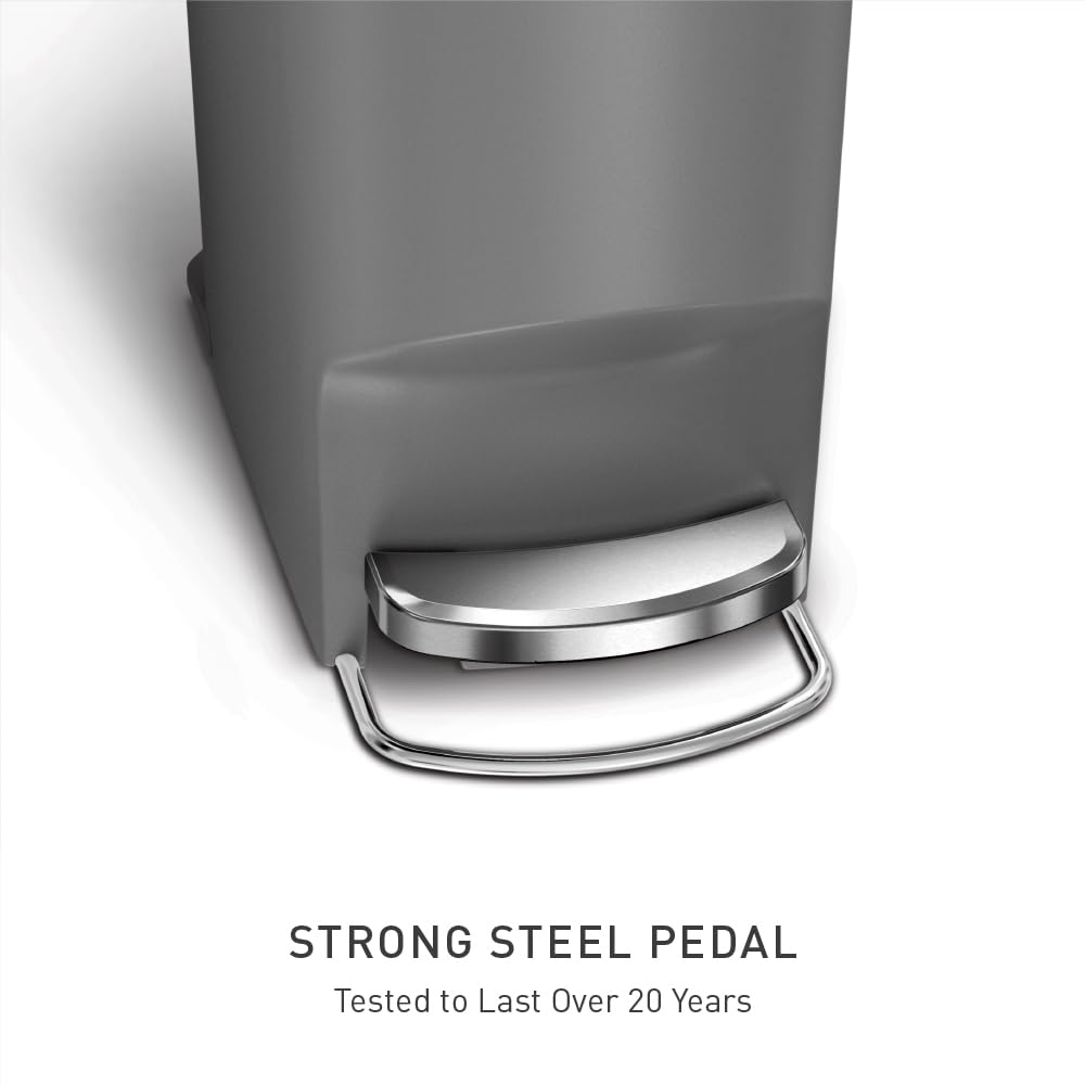 Slim Step Can, 40L / 10.6 Gallon Kitchen Trash Can, Stainless Steel Liner Rim, 150,000-Step Pedal, Lid Shox® Silent Close, Grey Plastic
