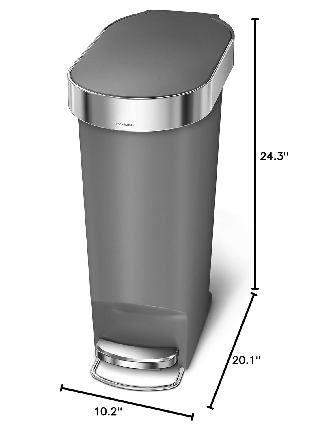 Slim Step Can, 40L / 10.6 Gallon Kitchen Trash Can, Stainless Steel Liner Rim, 150,000-Step Pedal, Lid Shox® Silent Close, Grey Plastic