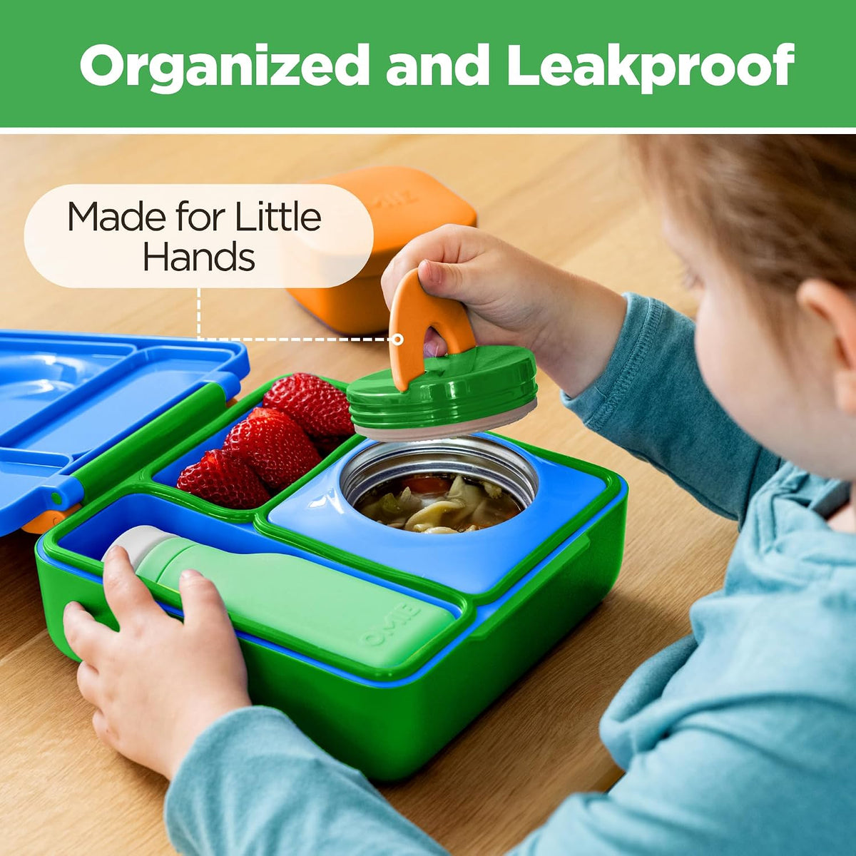 OmieBox Kids Insulated Leakproof Bento Lunch Box with Food Jar (Blue Sky)