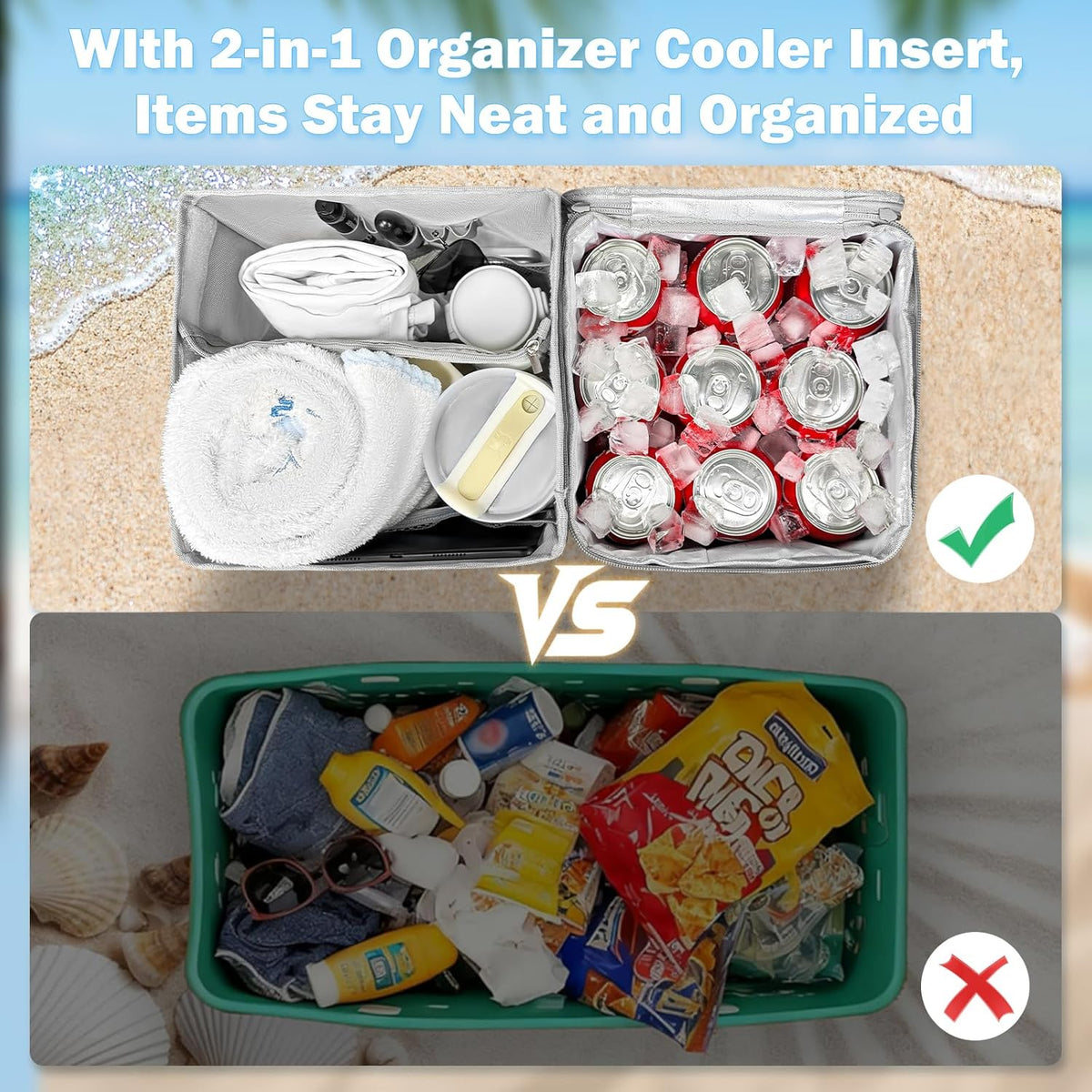 XYFuuee 2-in-1 Cooler Organizer Insert for X Large Bogg Bag Accessories, PEVA Portable Leak-Proof Ice Chest, Lightweight Mesh Divider Inserts Pouch with 4Fastener for XL Bog Beach Rubber Tote