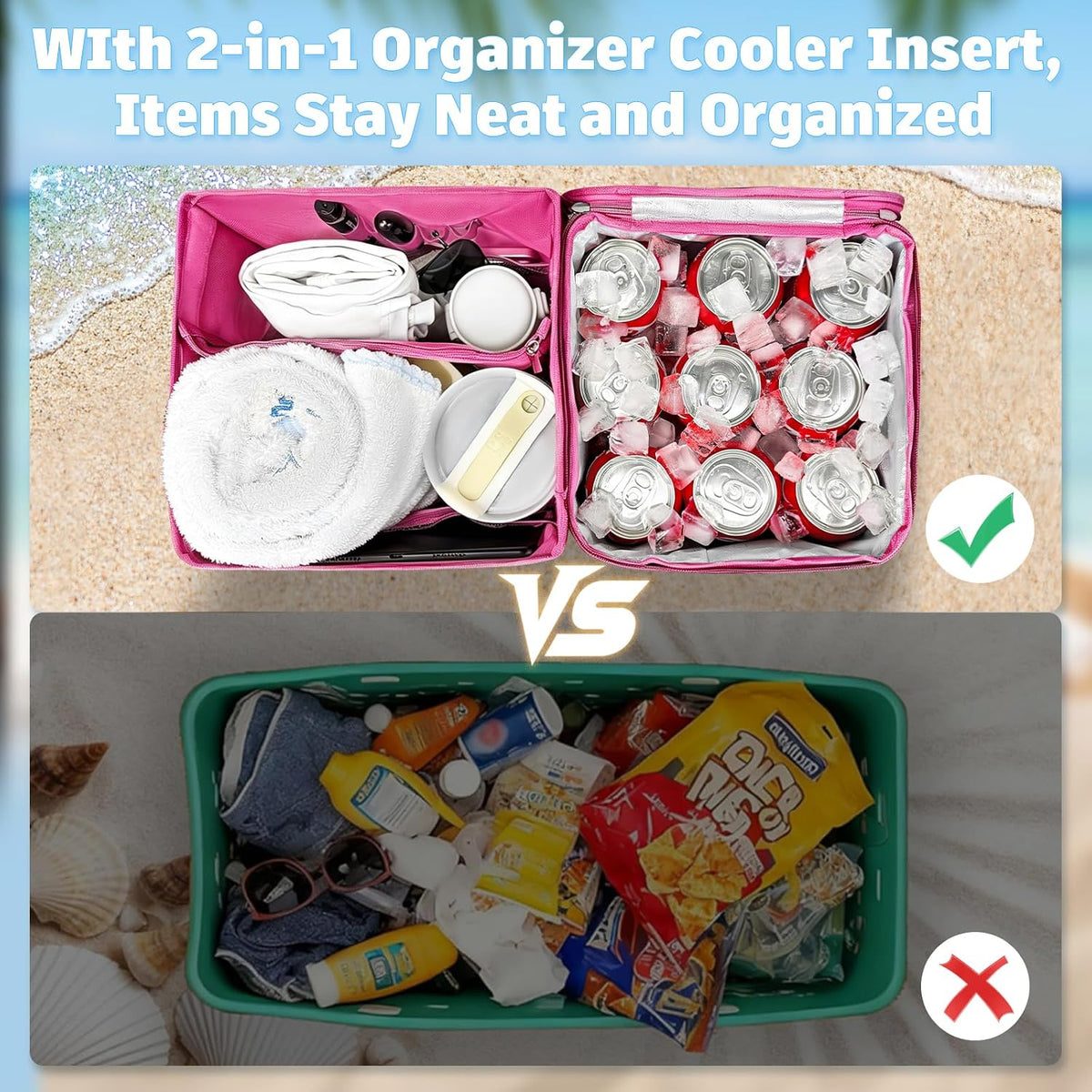 XYFuuee 2-in-1 Cooler Organizer Insert for X Large Bogg Bag Accessories, PEVA Portable Leak-Proof Ice Chest, Lightweight Mesh Divider Inserts Pouch with 4Fastener for XL Bog Beach Rubber Tote