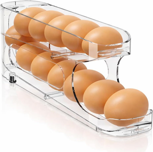 Egg Holder for Fridge, FIFO Egg Roller for Eggs 12 Count, Clear | Auto Rolling Egg Storage Organizer Container, Dispenser for Refrigerator, Space Saving