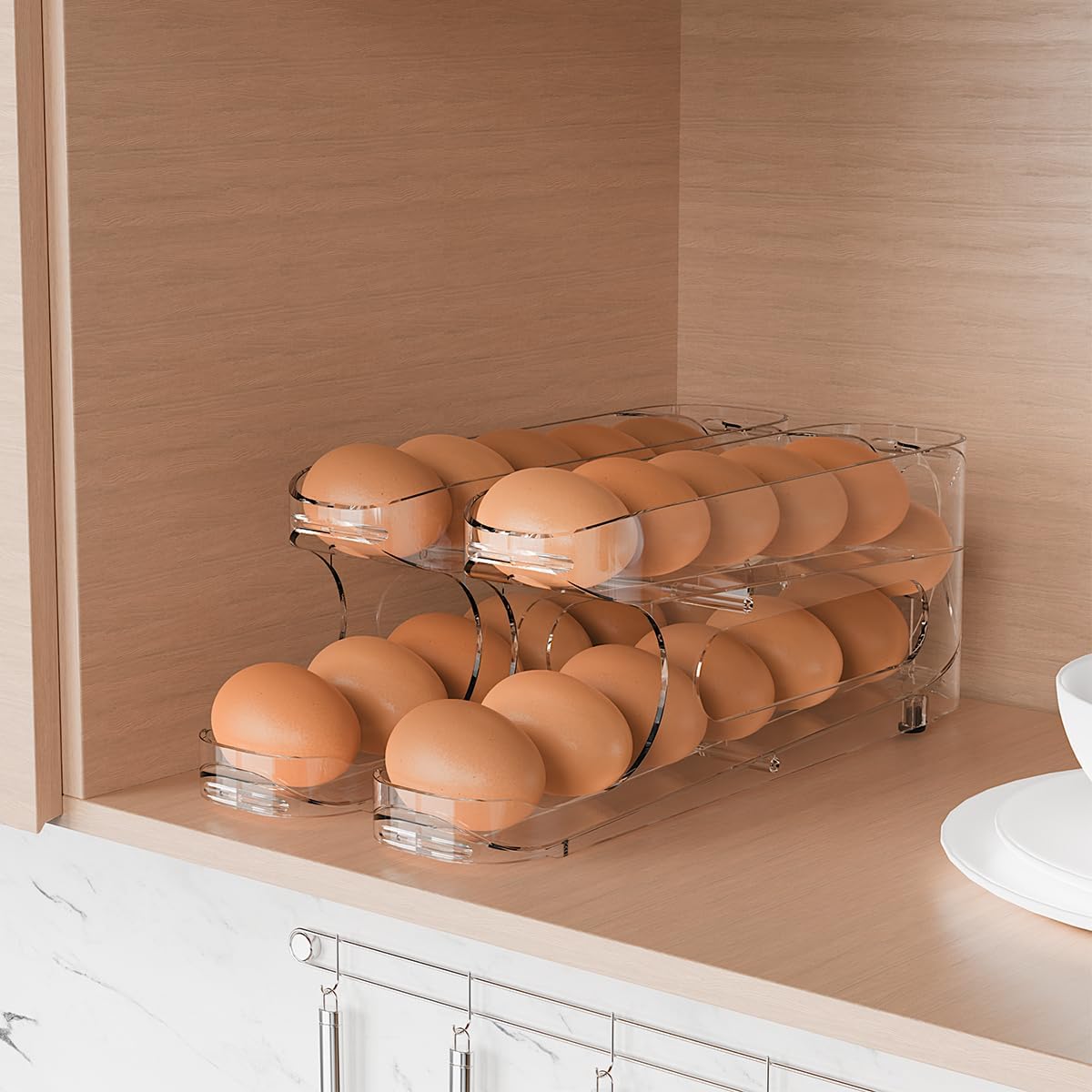 Egg Holder for Fridge, FIFO Egg Roller for Eggs 12 Count, Clear | Auto Rolling Egg Storage Organizer Container, Dispenser for Refrigerator, Space Saving