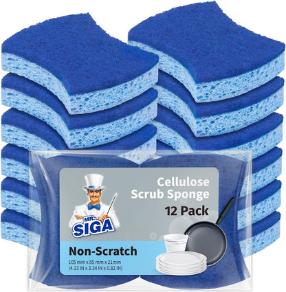 Non-Scratch Cellulose Scrub Sponge, Dual-Sided Dish Sponge, 12 Pack