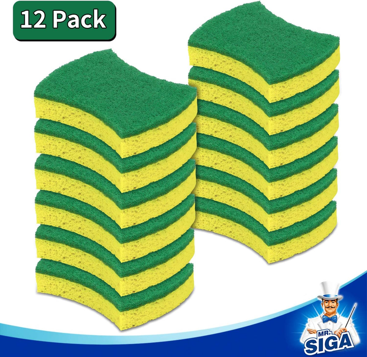 Non-Scratch Cellulose Scrub Sponge, Dual-Sided Dish Sponge, 12 Pack