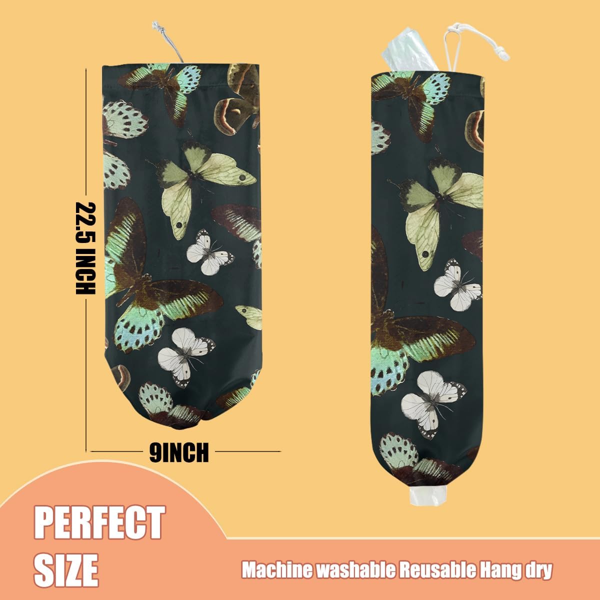 Gothic Moth Butterfly Plastic Bag Holder, Wall Mount Grocery Bag Holder | Plastic Storage bag, Pull Rope Free Adjustment, Plastic Bag Holders for Grocery Bags, Plastic Bag Dispenser for Home Kitchen