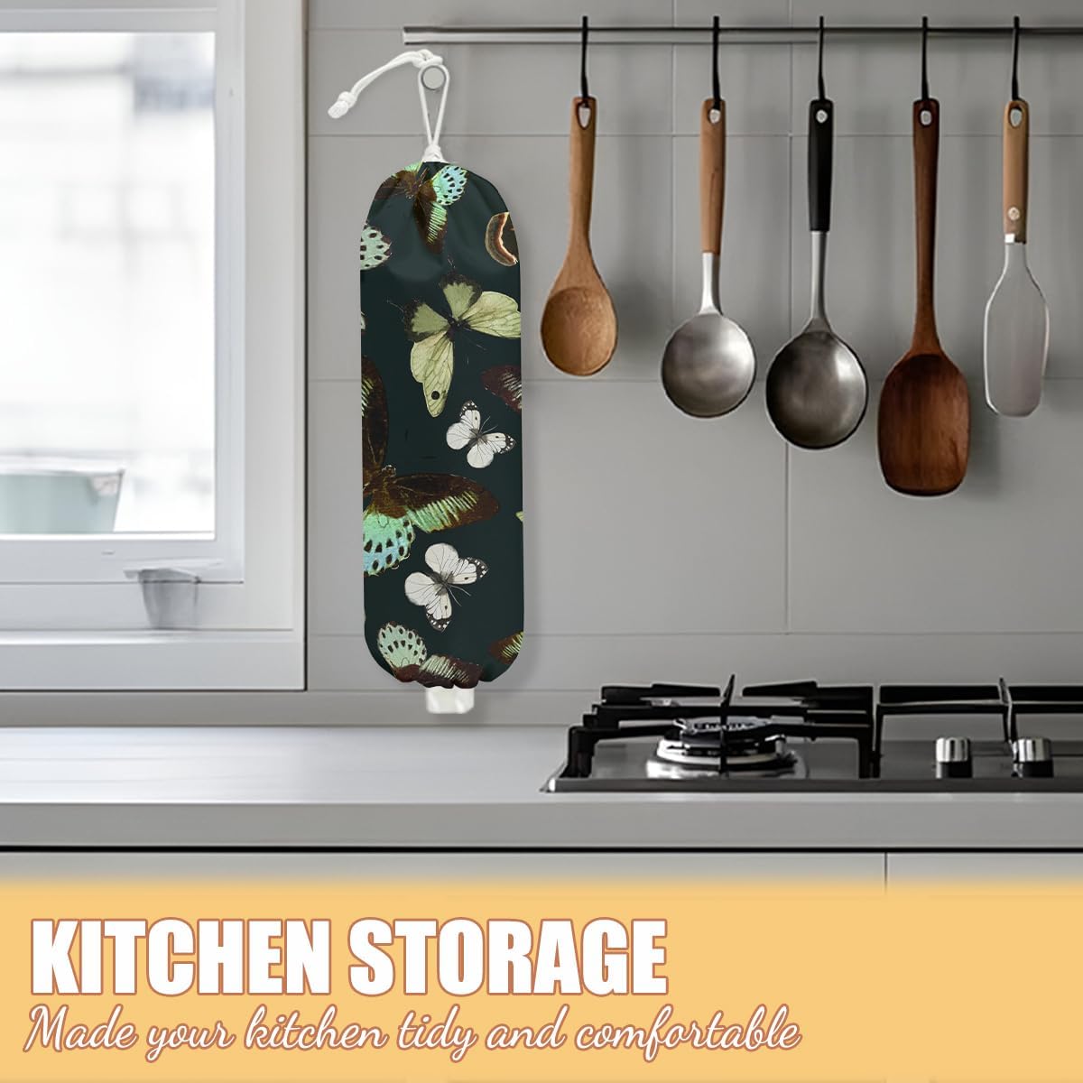 Gothic Moth Butterfly Plastic Bag Holder, Wall Mount Grocery Bag Holder | Plastic Storage bag, Pull Rope Free Adjustment, Plastic Bag Holders for Grocery Bags, Plastic Bag Dispenser for Home Kitchen