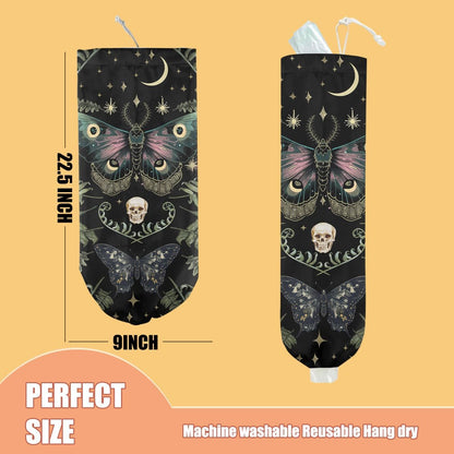 Gothic Moth Butterfly Plastic Bag Holder, Wall Mount Grocery Bag Holder | Plastic Storage bag, Pull Rope Free Adjustment, Plastic Bag Holders for Grocery Bags, Plastic Bag Dispenser for Home Kitchen