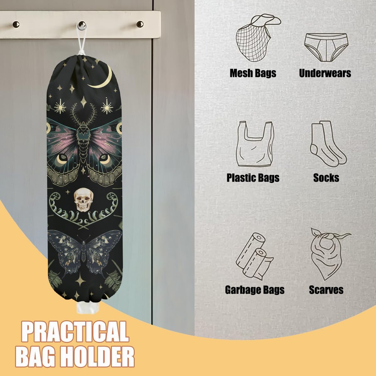 Gothic Moth Butterfly Plastic Bag Holder, Wall Mount Grocery Bag Holder | Plastic Storage bag, Pull Rope Free Adjustment, Plastic Bag Holders for Grocery Bags, Plastic Bag Dispenser for Home Kitchen