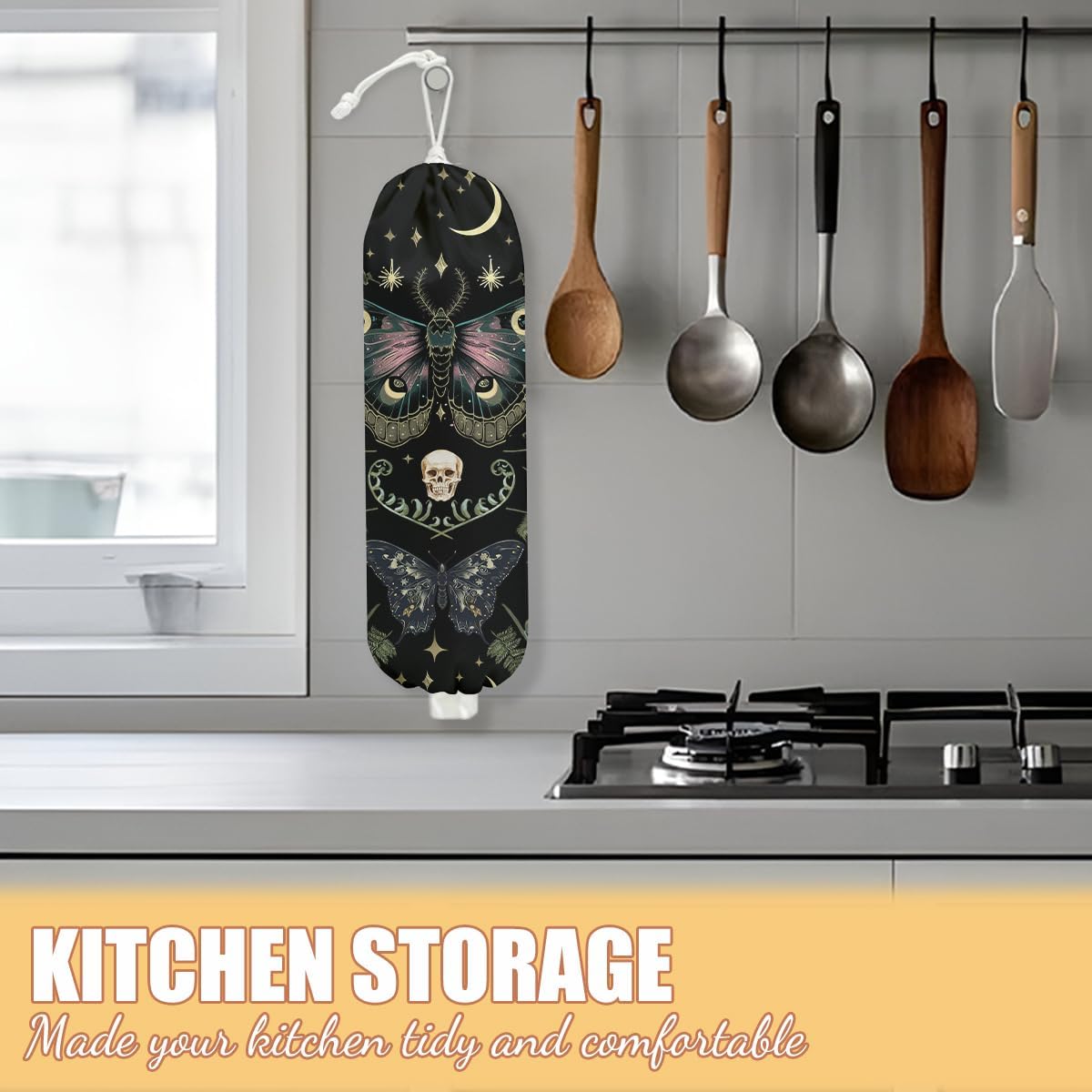 Gothic Moth Butterfly Plastic Bag Holder, Wall Mount Grocery Bag Holder | Plastic Storage bag, Pull Rope Free Adjustment, Plastic Bag Holders for Grocery Bags, Plastic Bag Dispenser for Home Kitchen