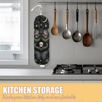 Gothic Moth Butterfly Plastic Bag Holder, Wall Mount Grocery Bag Holder | Plastic Storage bag, Pull Rope Free Adjustment, Plastic Bag Holders for Grocery Bags, Plastic Bag Dispenser for Home Kitchen
