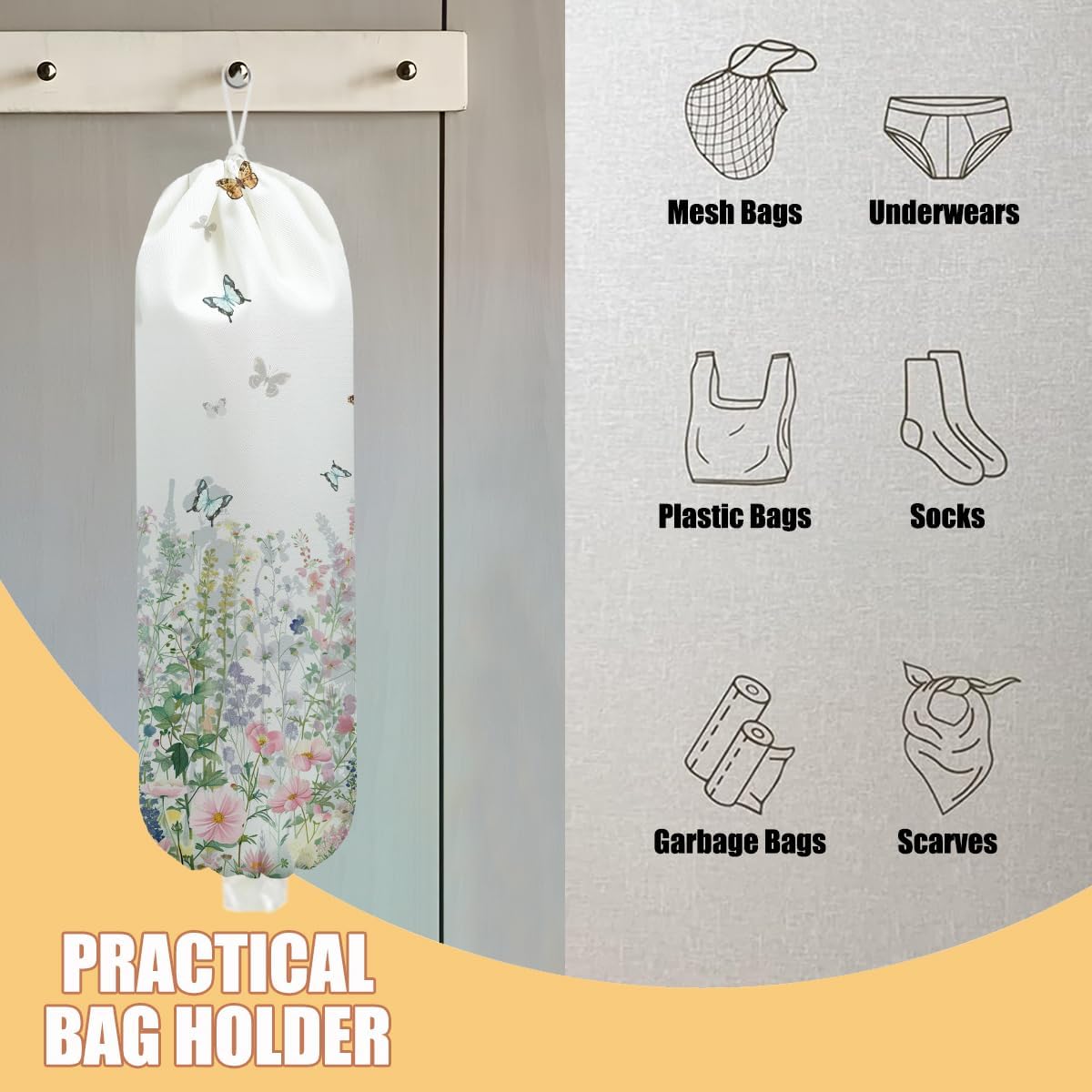 Gothic Moth Butterfly Plastic Bag Holder, Wall Mount Grocery Bag Holder | Plastic Storage bag, Pull Rope Free Adjustment, Plastic Bag Holders for Grocery Bags, Plastic Bag Dispenser for Home Kitchen