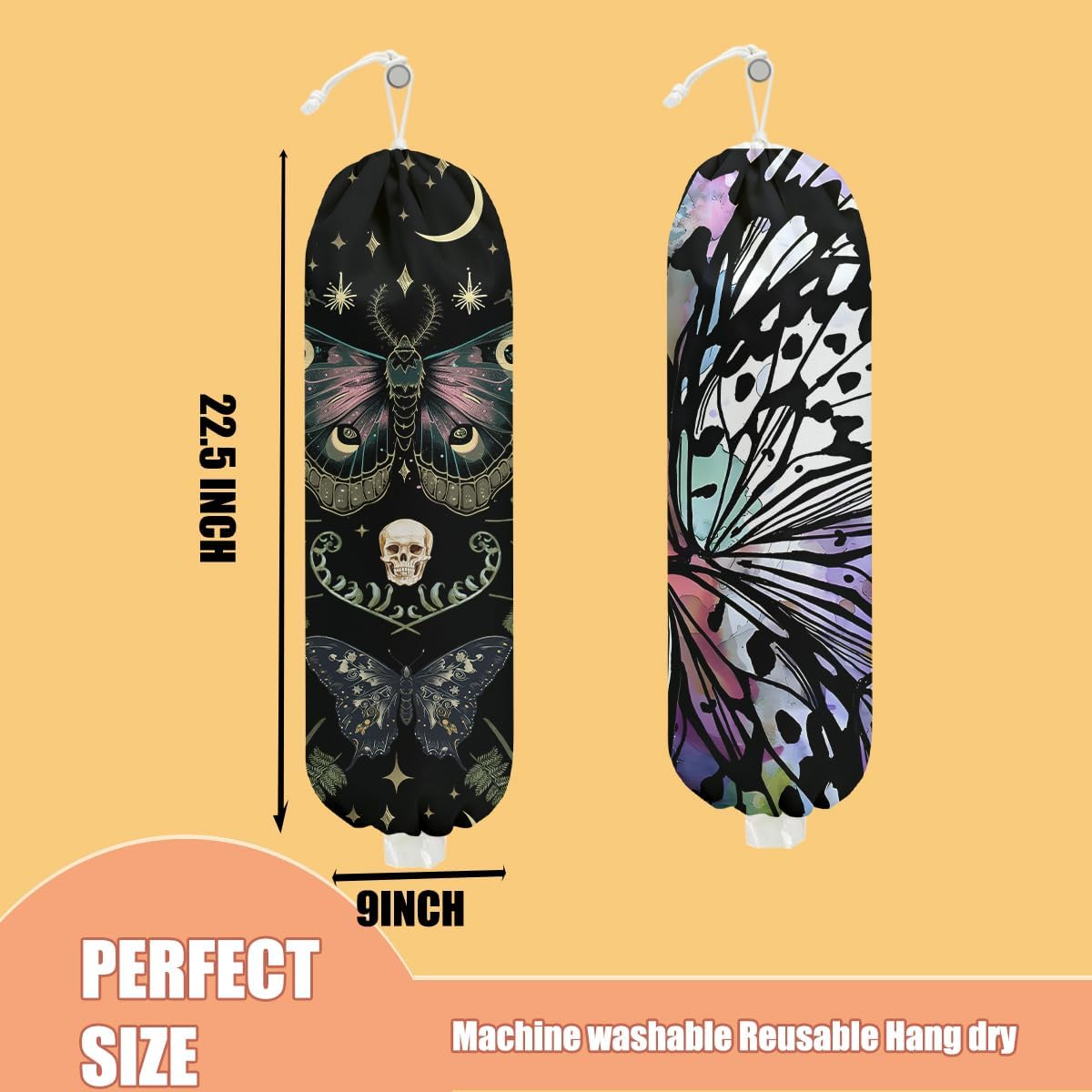 Gothic Moth Butterfly Plastic Bag Holder, Wall Mount Grocery Bag Holder | Plastic Storage bag, Pull Rope Free Adjustment, Plastic Bag Holders for Grocery Bags, Plastic Bag Dispenser for Home Kitchen