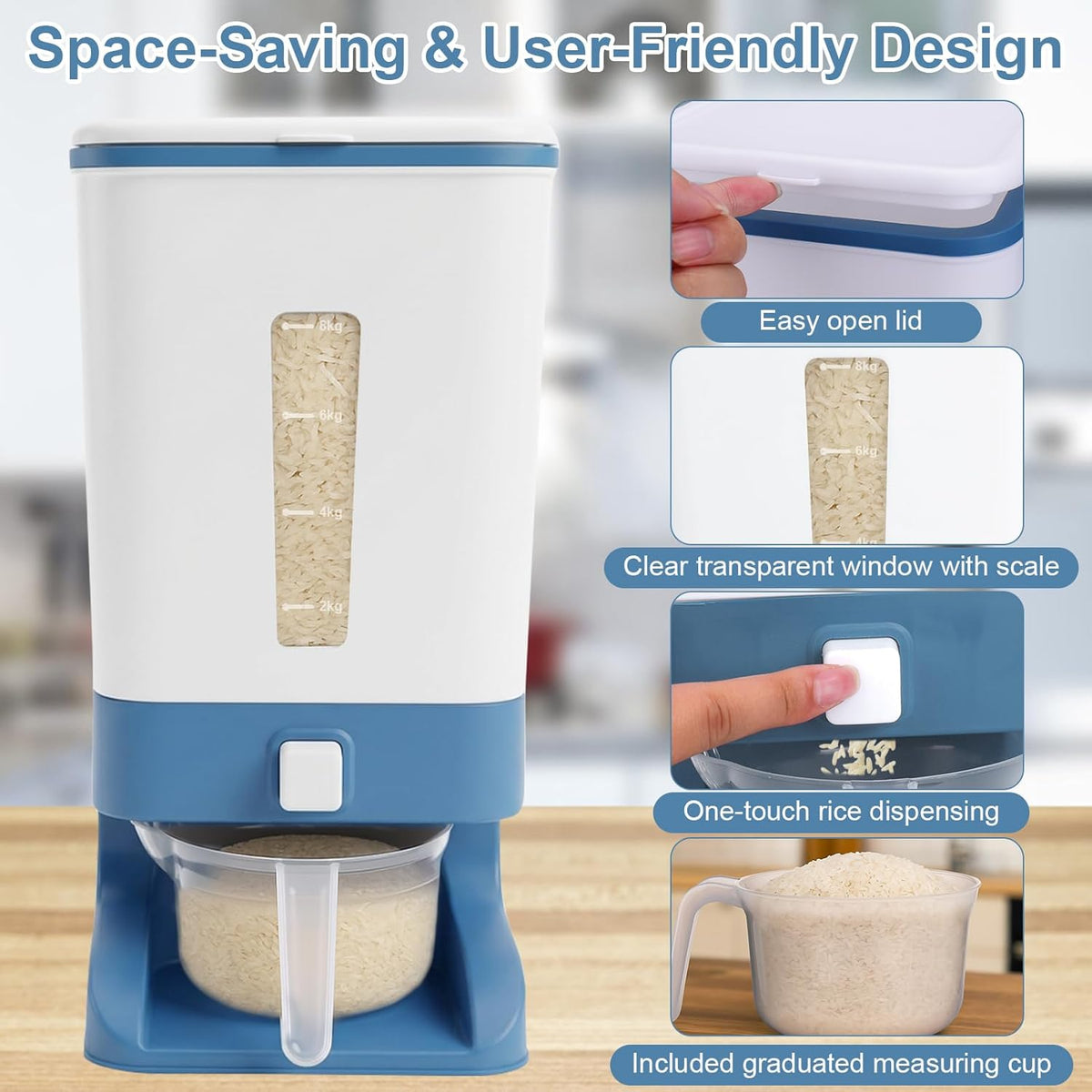 Rice Dispenser 20 Lbs with Moisture Absorbing Clay, Rice Storage Container with Measuring Cup, 12 L Cereal Containers Storage Airtight for Kitchen Pantry Organization