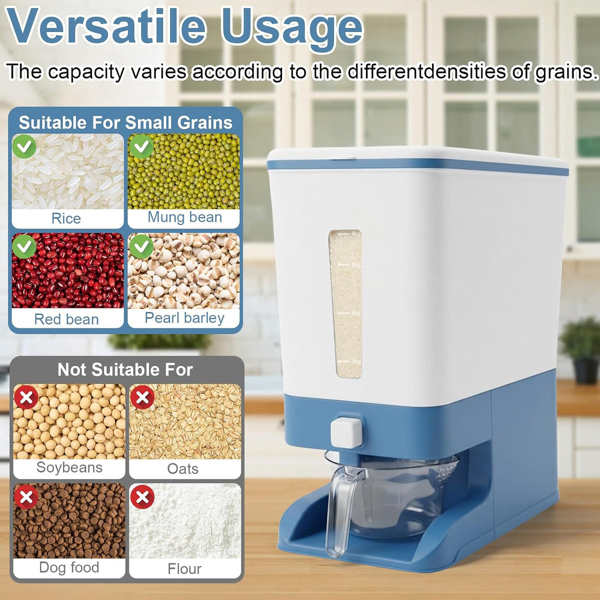Rice Dispenser 20 Lbs with Moisture Absorbing Clay, Rice Storage Container with Measuring Cup, 12 L Cereal Containers Storage Airtight for Kitchen Pantry Organization