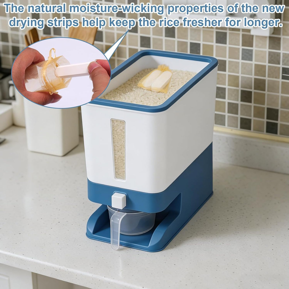 Rice Dispenser 20 Lbs with Moisture Absorbing Clay, Rice Storage Container with Measuring Cup, 12 L Cereal Containers Storage Airtight for Kitchen Pantry Organization