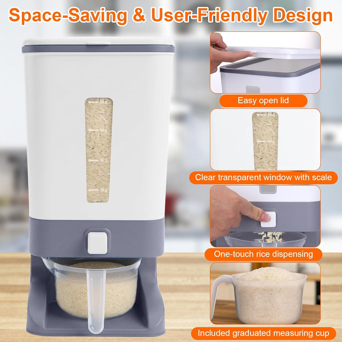 Rice Dispenser 20 Lbs with Moisture Absorbing Clay, Rice Storage Container with Measuring Cup, 12 L Cereal Containers Storage Airtight for Kitchen Pantry Organization