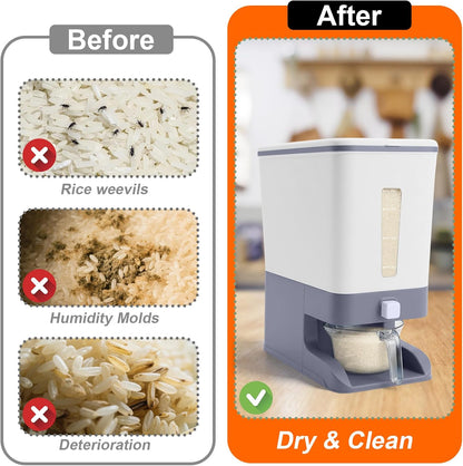 Rice Dispenser 20 Lbs with Moisture Absorbing Clay, Rice Storage Container with Measuring Cup, 12 L Cereal Containers Storage Airtight for Kitchen Pantry Organization