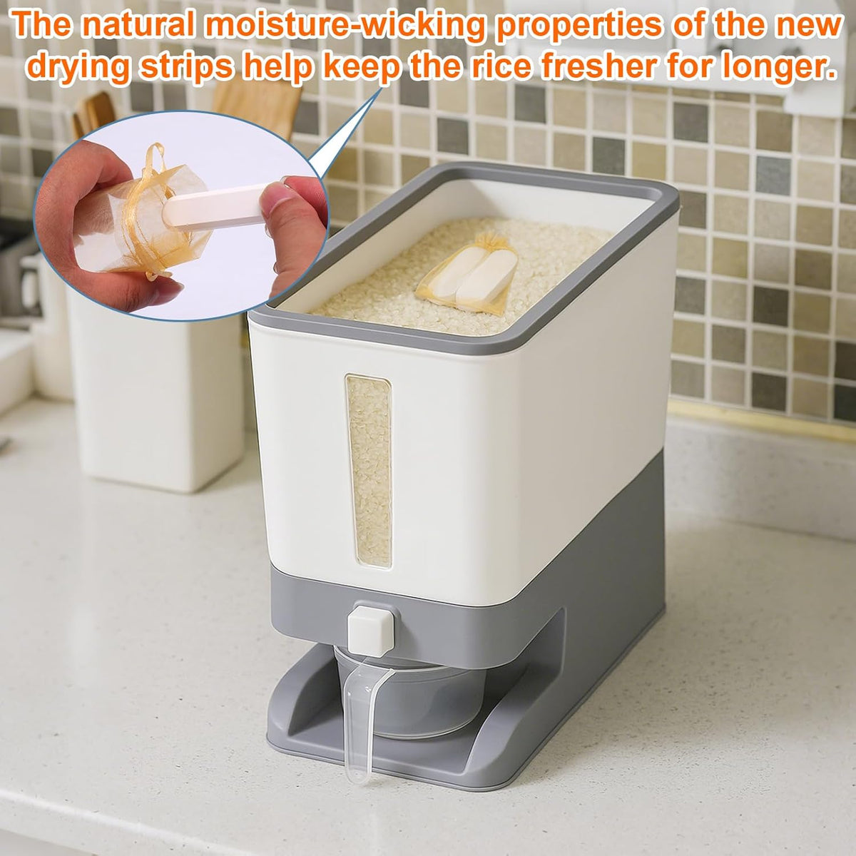 Rice Dispenser 20 Lbs with Moisture Absorbing Clay, Rice Storage Container with Measuring Cup, 12 L Cereal Containers Storage Airtight for Kitchen Pantry Organization