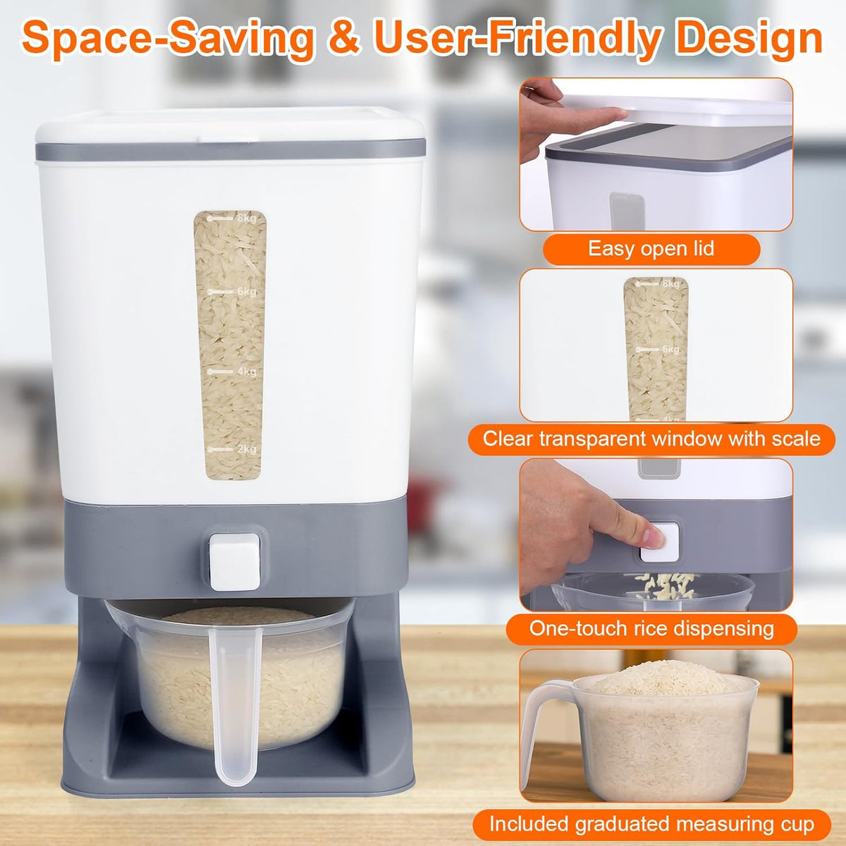 Rice Dispenser 20 Lbs with Moisture Absorbing Clay, Rice Storage Container with Measuring Cup, 12 L Cereal Containers Storage Airtight for Kitchen Pantry Organization