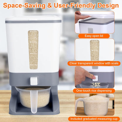 Rice Dispenser 20 Lbs with Moisture Absorbing Clay, Rice Storage Container with Measuring Cup, 12 L Cereal Containers Storage Airtight for Kitchen Pantry Organization