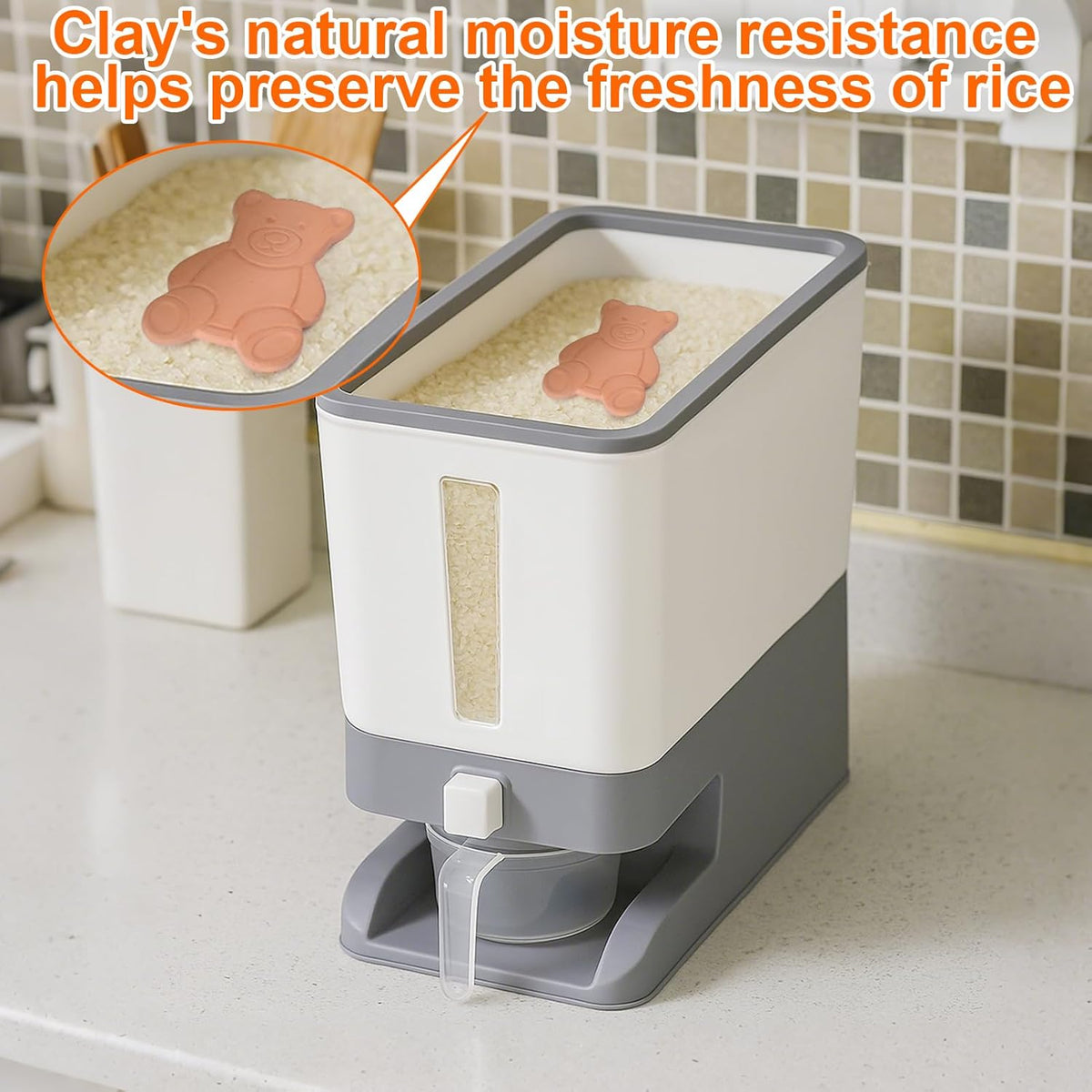Rice Dispenser 20 Lbs with Moisture Absorbing Clay, Rice Storage Container with Measuring Cup, 12 L Cereal Containers Storage Airtight for Kitchen Pantry Organization