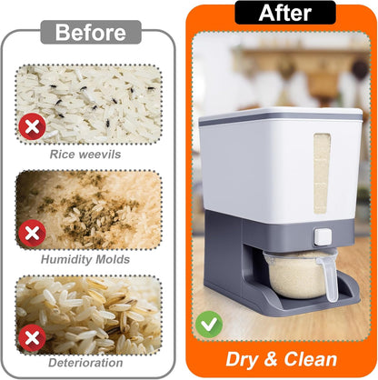 Rice Dispenser 20 Lbs with Moisture Absorbing Clay, Rice Storage Container with Measuring Cup, 12 L Cereal Containers Storage Airtight for Kitchen Pantry Organization