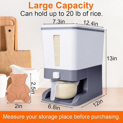 Rice Dispenser 20 Lbs with Moisture Absorbing Clay, Rice Storage Container with Measuring Cup, 12 L Cereal Containers Storage Airtight for Kitchen Pantry Organization