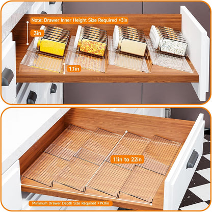 8 Pack Adjustable In Drawer Spice Organizer - Expandable From 11'' to 22'' - Acrylic Drawer Seasoning Organizer,Clear Spice Organization Tray for Cabinet Drawers Condiment,Nail Polish and Jar