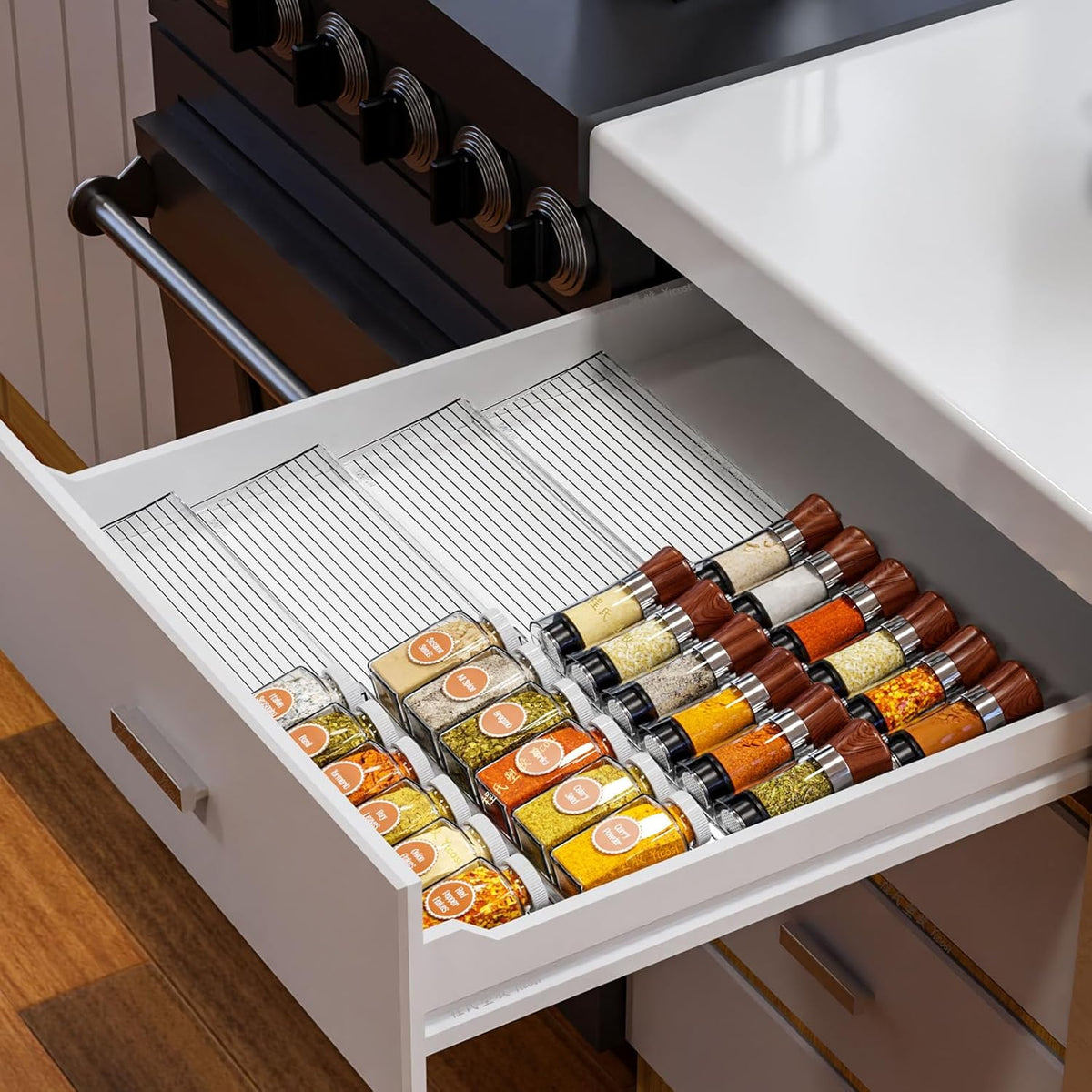 8 Pack Adjustable In Drawer Spice Organizer - Expandable From 11'' to 22'' - Acrylic Drawer Seasoning Organizer,Clear Spice Organization Tray for Cabinet Drawers Condiment,Nail Polish and Jar