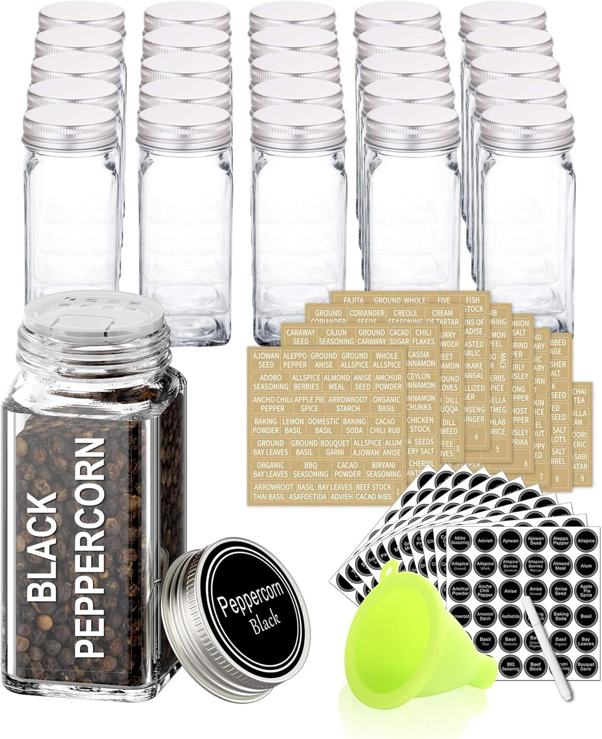 25 Pcs 4 oz Glass Spice Jars with 703 Spice Labels and Shaker Lids | Empty Spice Containers with Airtight Lids, Chalk Marker, Funnel - Square Seasoning Bottles for Spice Racks, Cabinets, Drawers