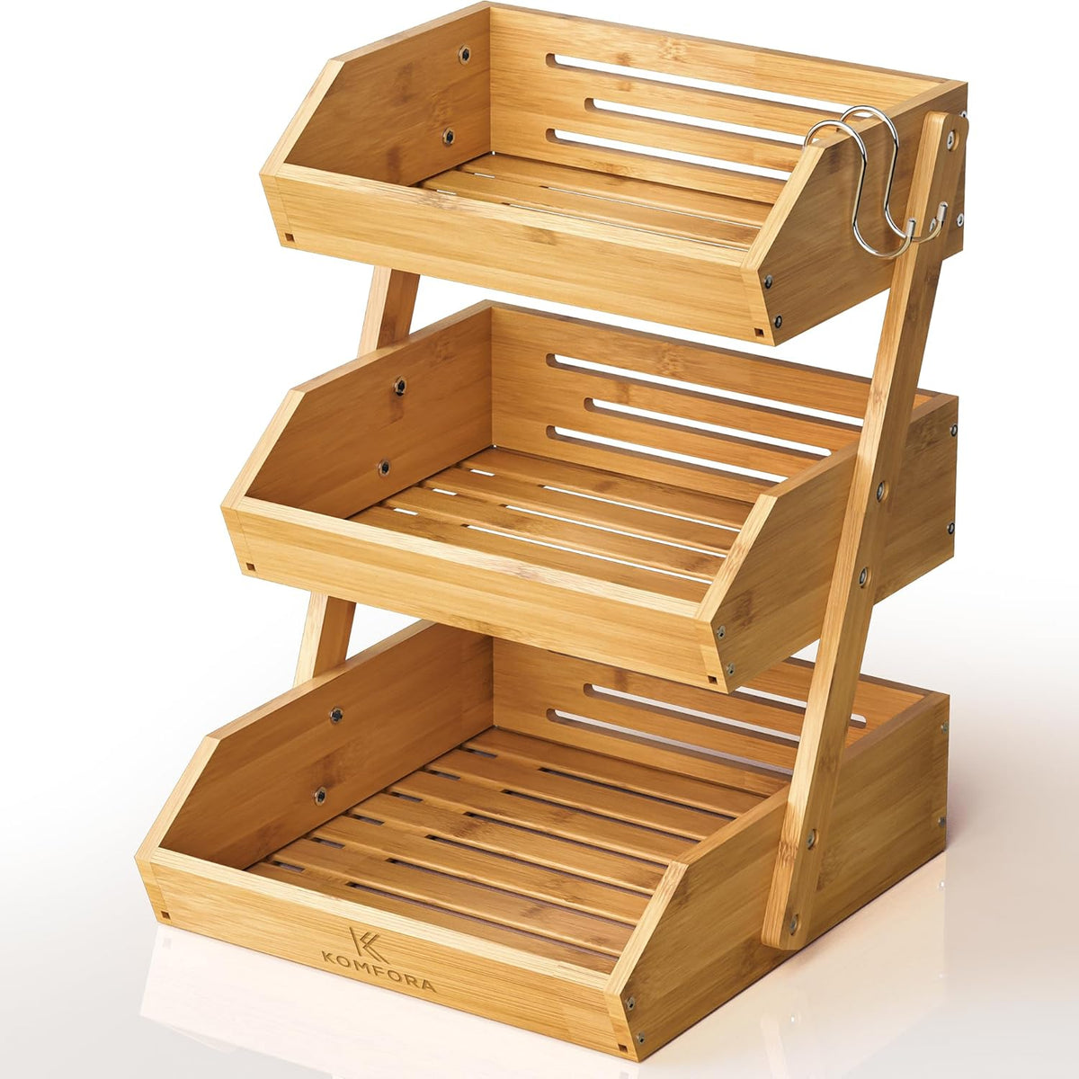 Bamboo 3 Tier Fruit Basket, Produce Basket for Kitchen Counter | Premium Durable Wood Stand and Organizer for Countertop, Easy to Assemble, 2 Hangers, Holds Vegetables, Bread and Snacks