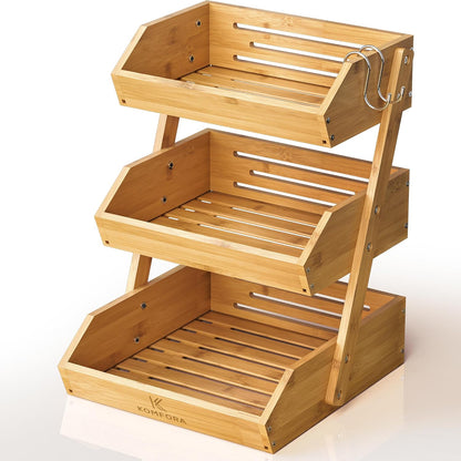 Bamboo 3 Tier Fruit Basket, Produce Basket for Kitchen Counter | Premium Durable Wood Stand and Organizer for Countertop, Easy to Assemble, 2 Hangers, Holds Vegetables, Bread and Snacks