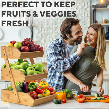 Bamboo 3 Tier Fruit Basket, Produce Basket for Kitchen Counter | Premium Durable Wood Stand and Organizer for Countertop, Easy to Assemble, 2 Hangers, Holds Vegetables, Bread and Snacks