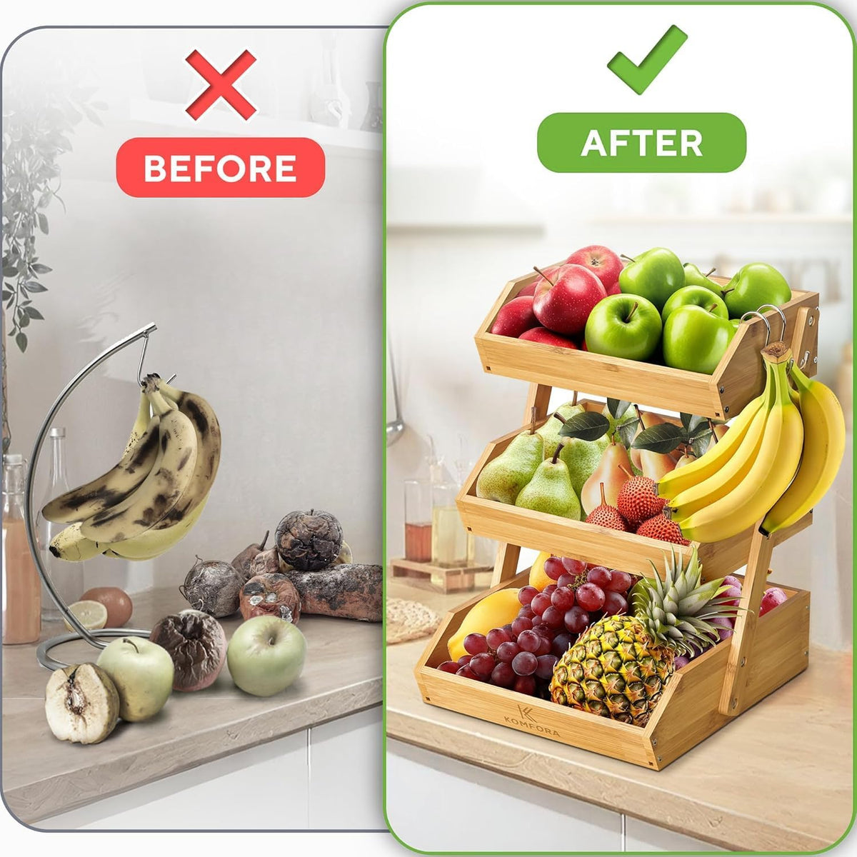 Bamboo 3 Tier Fruit Basket, Produce Basket for Kitchen Counter | Premium Durable Wood Stand and Organizer for Countertop, Easy to Assemble, 2 Hangers, Holds Vegetables, Bread and Snacks