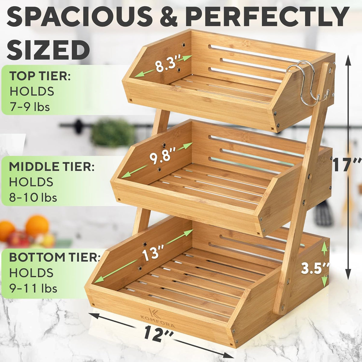 Bamboo 3 Tier Fruit Basket, Produce Basket for Kitchen Counter | Premium Durable Wood Stand and Organizer for Countertop, Easy to Assemble, 2 Hangers, Holds Vegetables, Bread and Snacks