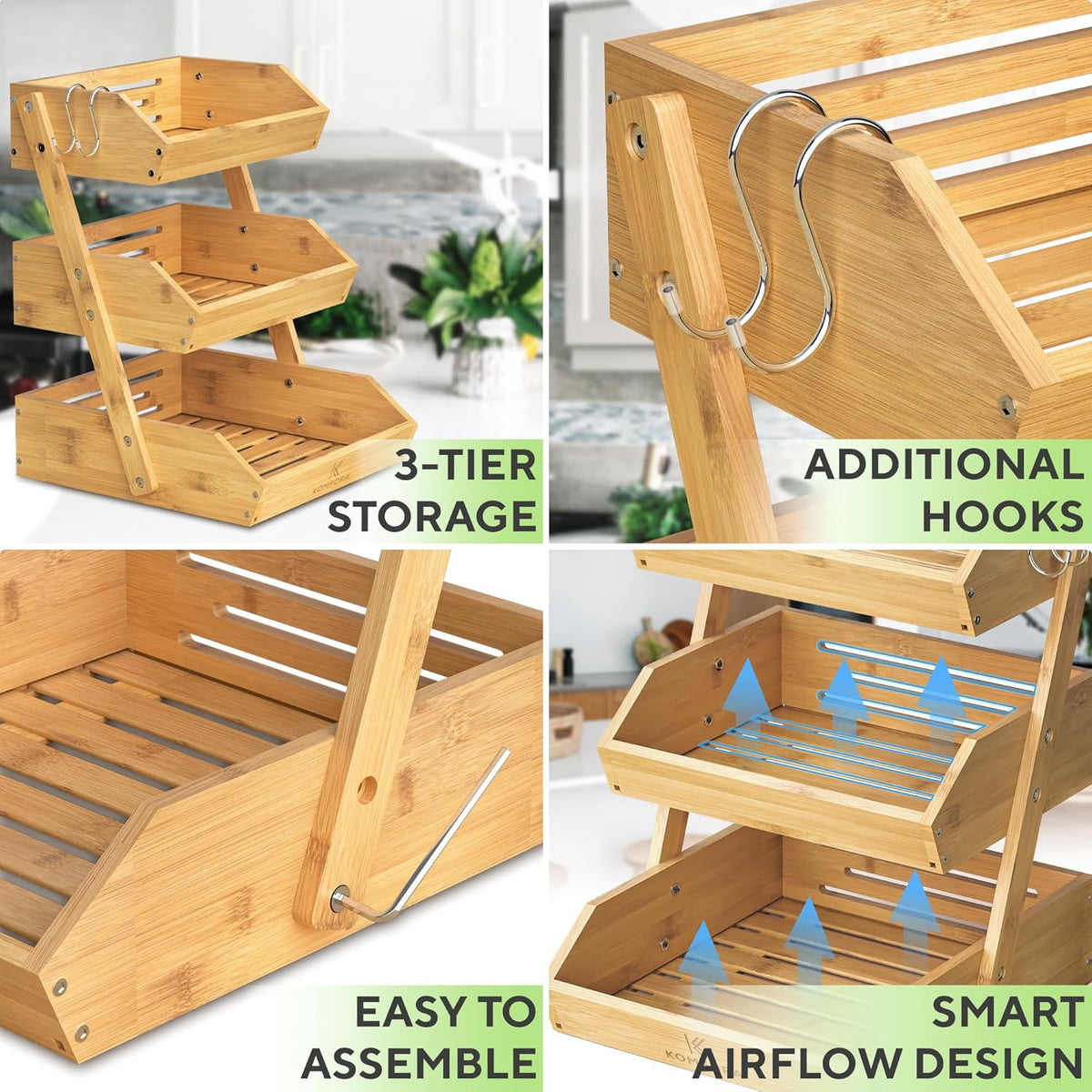 Bamboo 3 Tier Fruit Basket, Produce Basket for Kitchen Counter | Premium Durable Wood Stand and Organizer for Countertop, Easy to Assemble, 2 Hangers, Holds Vegetables, Bread and Snacks