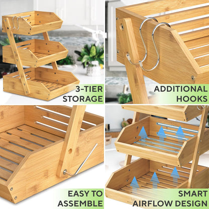 Bamboo 3 Tier Fruit Basket, Produce Basket for Kitchen Counter | Premium Durable Wood Stand and Organizer for Countertop, Easy to Assemble, 2 Hangers, Holds Vegetables, Bread and Snacks