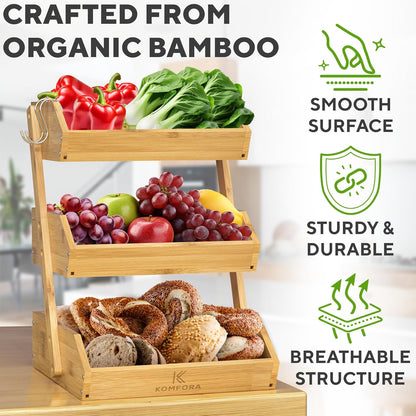 Bamboo 3 Tier Fruit Basket, Produce Basket for Kitchen Counter | Premium Durable Wood Stand and Organizer for Countertop, Easy to Assemble, 2 Hangers, Holds Vegetables, Bread and Snacks
