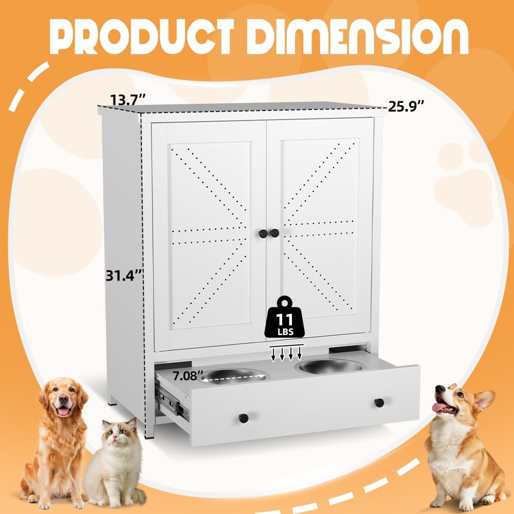 Dog Feeding Station with Storage Cabinet, Metal Pet Feeding Station with Storage, Dog Food Storage Cabinet with 2 Elevated Stainless Steel Bowls, Pet Food Cabinet Organizer, White