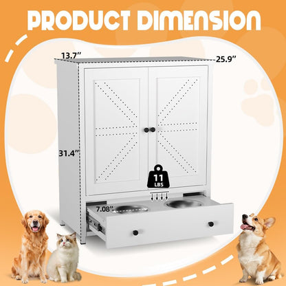 Dog Feeding Station with Storage Cabinet, Metal Pet Feeding Station with Storage, Dog Food Storage Cabinet with 2 Elevated Stainless Steel Bowls, Pet Food Cabinet Organizer, White