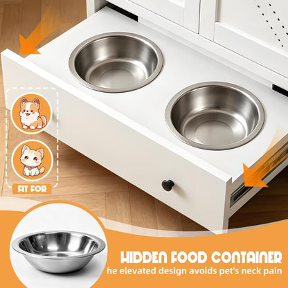 Dog Feeding Station with Storage Cabinet, Metal Pet Feeding Station with Storage, Dog Food Storage Cabinet with 2 Elevated Stainless Steel Bowls, Pet Food Cabinet Organizer, White