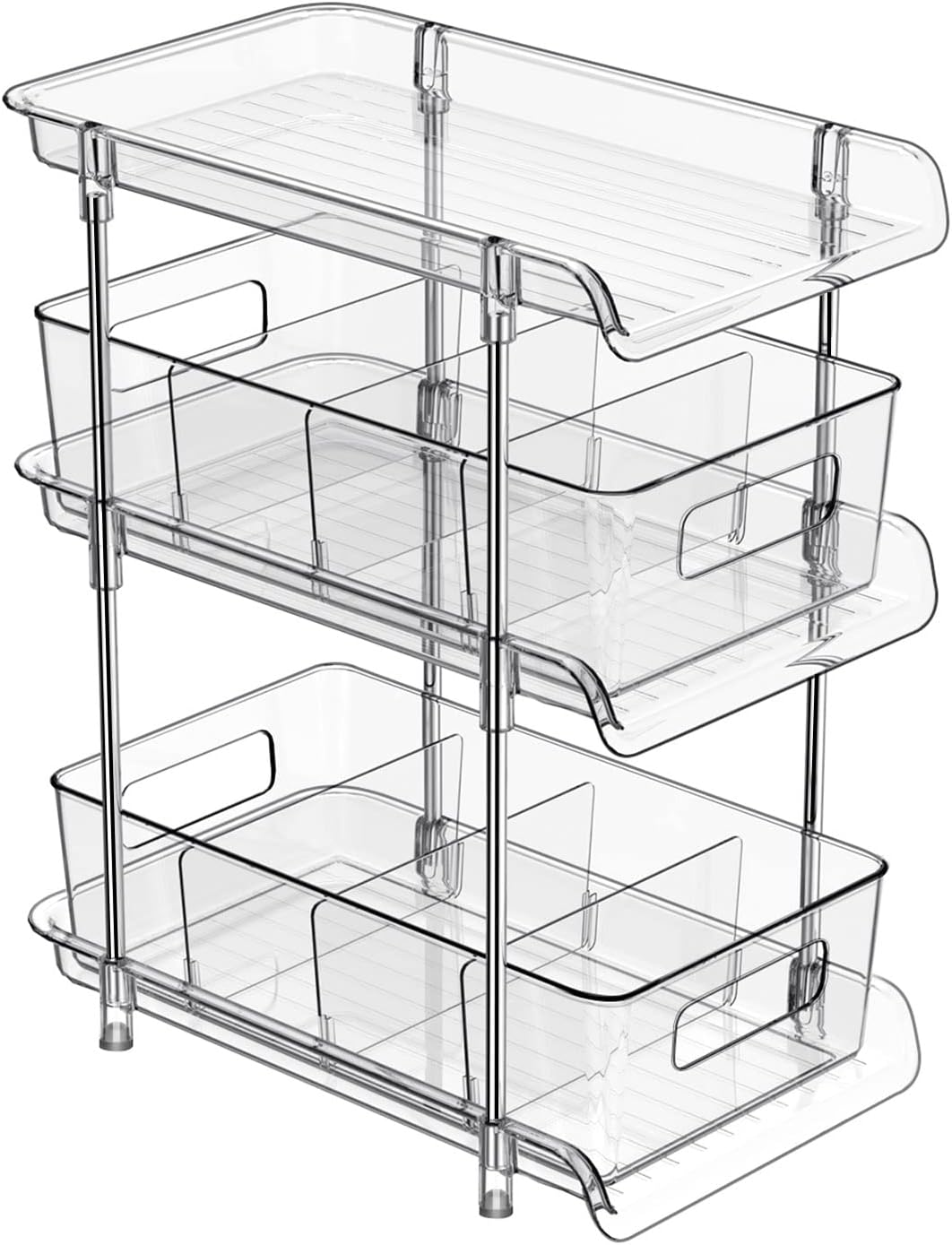 2Set 3 Tier Clear Bathroom Organizer with Dividers, Pull-Out Pantry Organization and Storage, Multi-Purpose Under Sink Organizers and Storage, Vanity Skincare Cosmetic Closet Organizer Medicine Bins