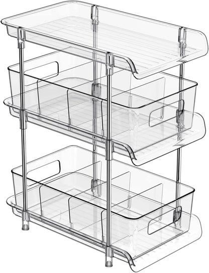 2Set 3 Tier Clear Bathroom Organizer with Dividers, Pull-Out Pantry Organization and Storage, Multi-Purpose Under Sink Organizers and Storage, Vanity Skincare Cosmetic Closet Organizer Medicine Bins
