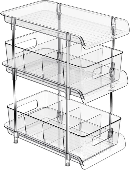 2Set 3 Tier Clear Bathroom Organizer with Dividers, Pull-Out Pantry Organization and Storage, Multi-Purpose Under Sink Organizers and Storage, Vanity Skincare Cosmetic Closet Organizer Medicine Bins