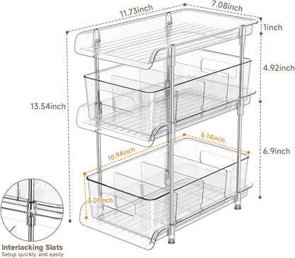 2Set 3 Tier Clear Bathroom Organizer with Dividers, Pull-Out Pantry Organization and Storage, Multi-Purpose Under Sink Organizers and Storage, Vanity Skincare Cosmetic Closet Organizer Medicine Bins