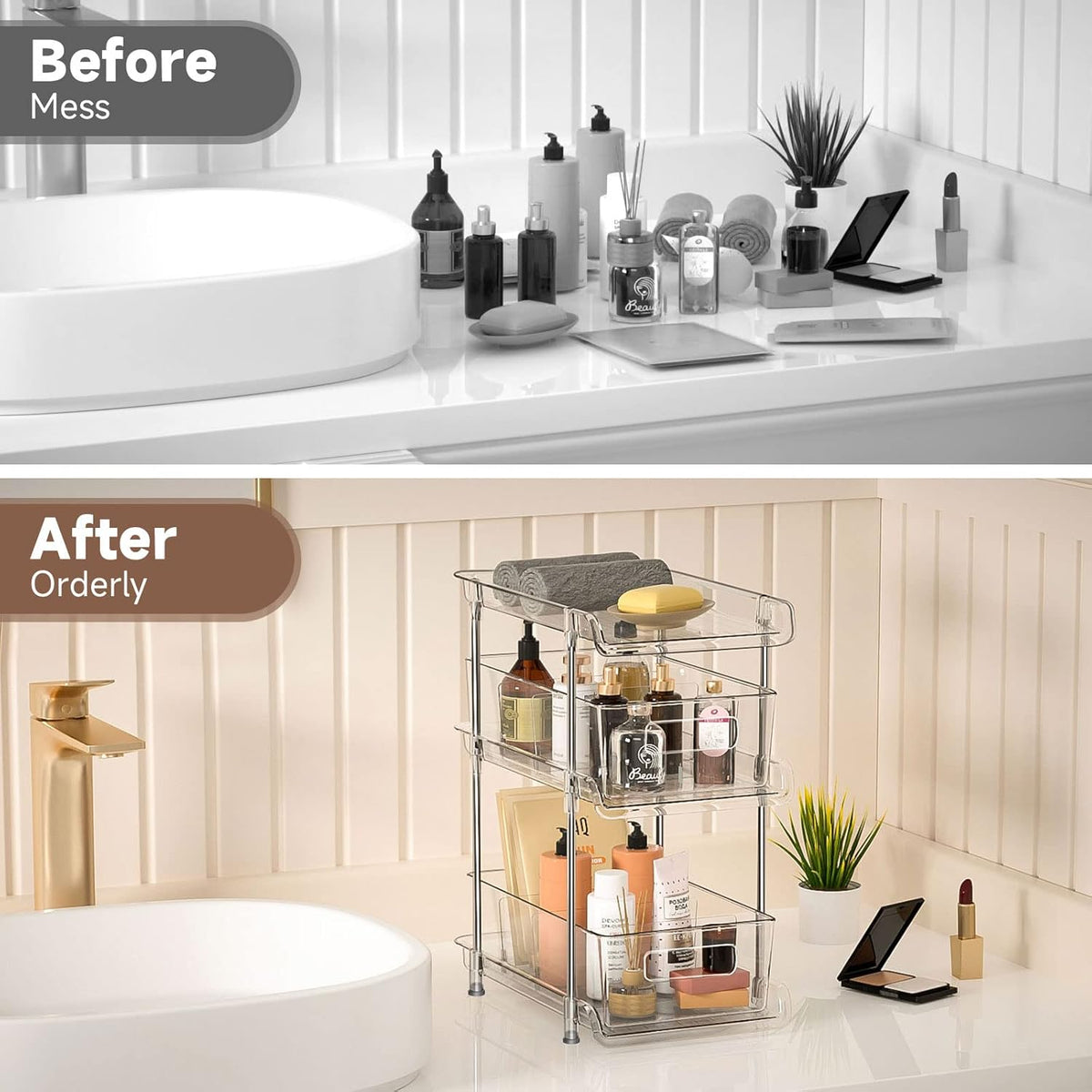 2Set 3 Tier Clear Bathroom Organizer with Dividers, Pull-Out Pantry Organization and Storage, Multi-Purpose Under Sink Organizers and Storage, Vanity Skincare Cosmetic Closet Organizer Medicine Bins