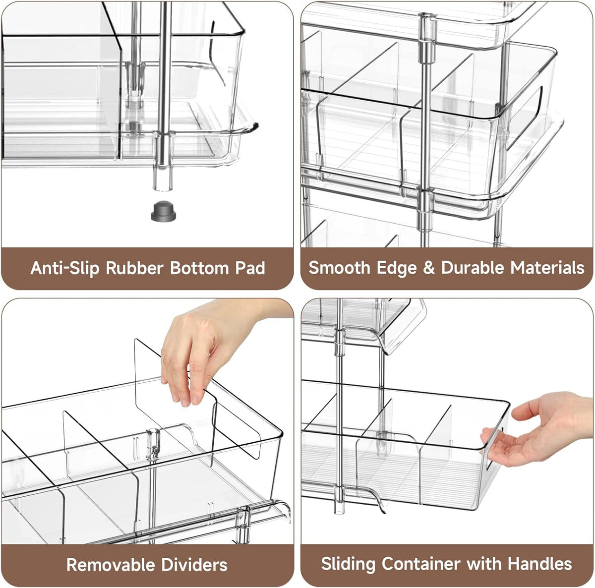 2Set 3 Tier Clear Bathroom Organizer with Dividers, Pull-Out Pantry Organization and Storage, Multi-Purpose Under Sink Organizers and Storage, Vanity Skincare Cosmetic Closet Organizer Medicine Bins