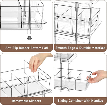2Set 3 Tier Clear Bathroom Organizer with Dividers, Pull-Out Pantry Organization and Storage, Multi-Purpose Under Sink Organizers and Storage, Vanity Skincare Cosmetic Closet Organizer Medicine Bins